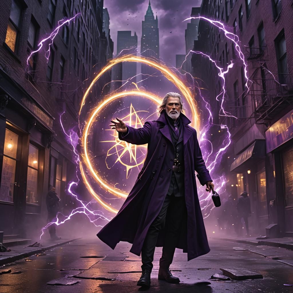 Modern wizard in a black trench coat in a back ally of moder...