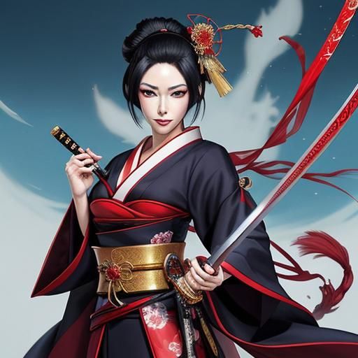 Fantasy Cheerful geisha with katana