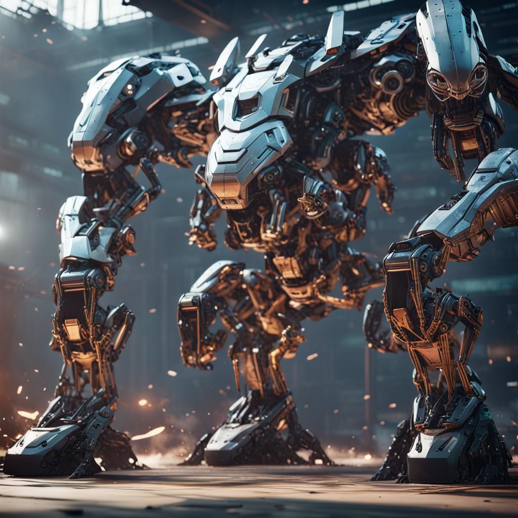 Giant robotic animals fighting each other