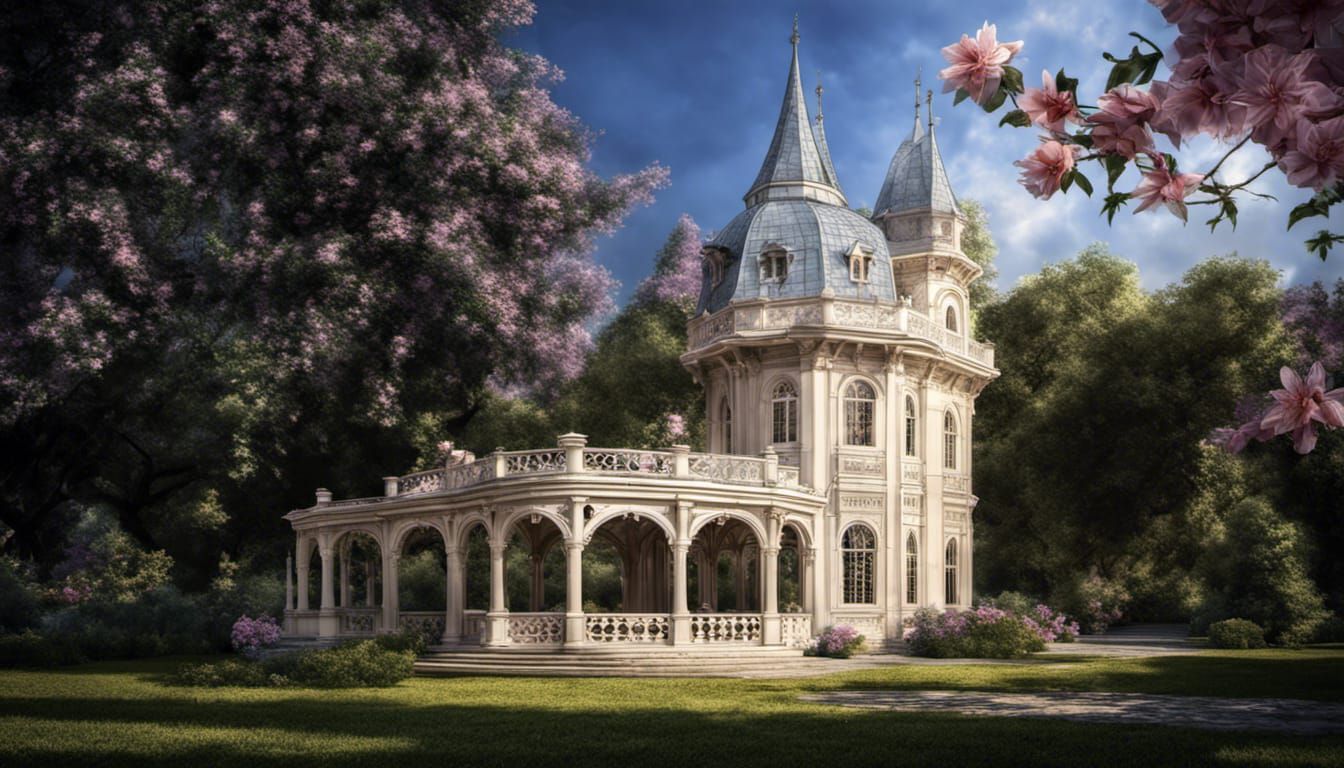 A massive mansion with a Gothic gazebo in a garden park with trees and flowers. intricate details, HDR, beautifully shot, hyperrealistic, sh...