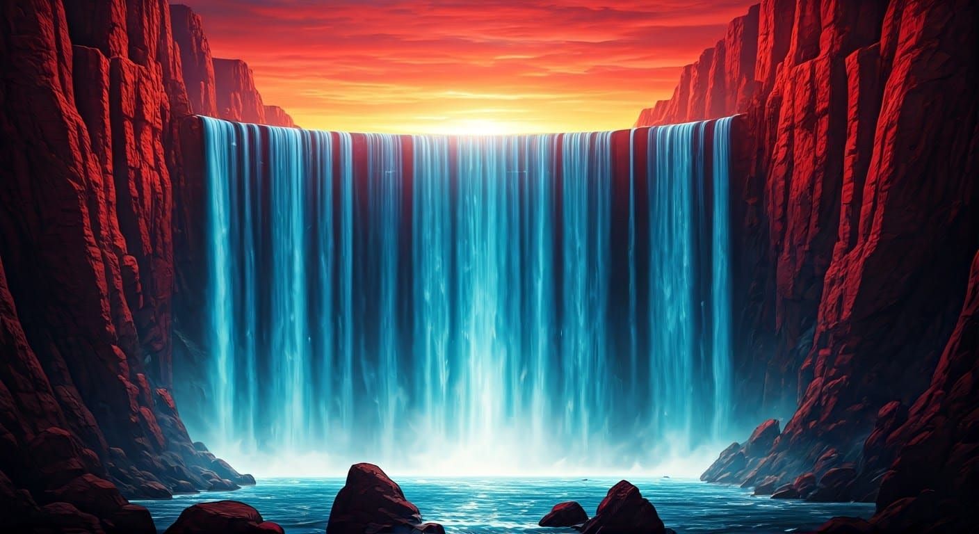 A vast waterfall, spanning the breadth of the image.  by @TheMadSearcher