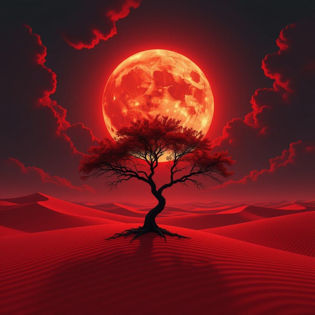 Surreal Crimson Desert Landscape with Glowing Red Tree