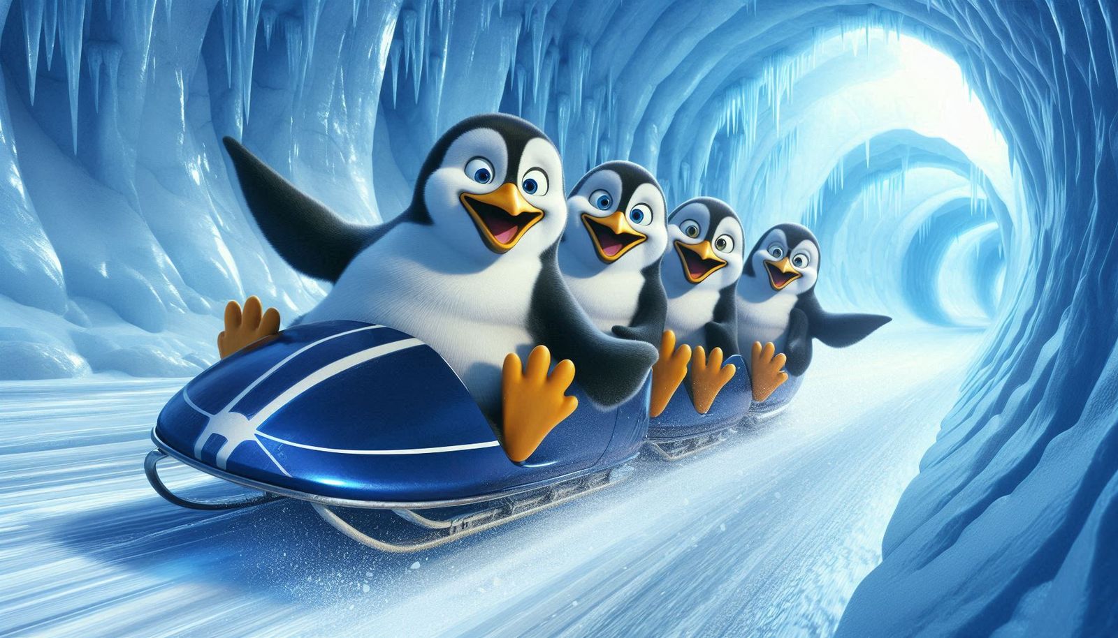 Penguins in a bobsled racing through a ice canal