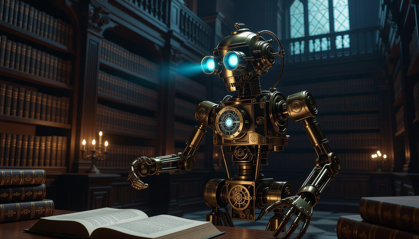 An intricate automaton, crafted from polished brass and intricate clockwork, stands in a dimly lit, Victorian-era library filled with ancien...