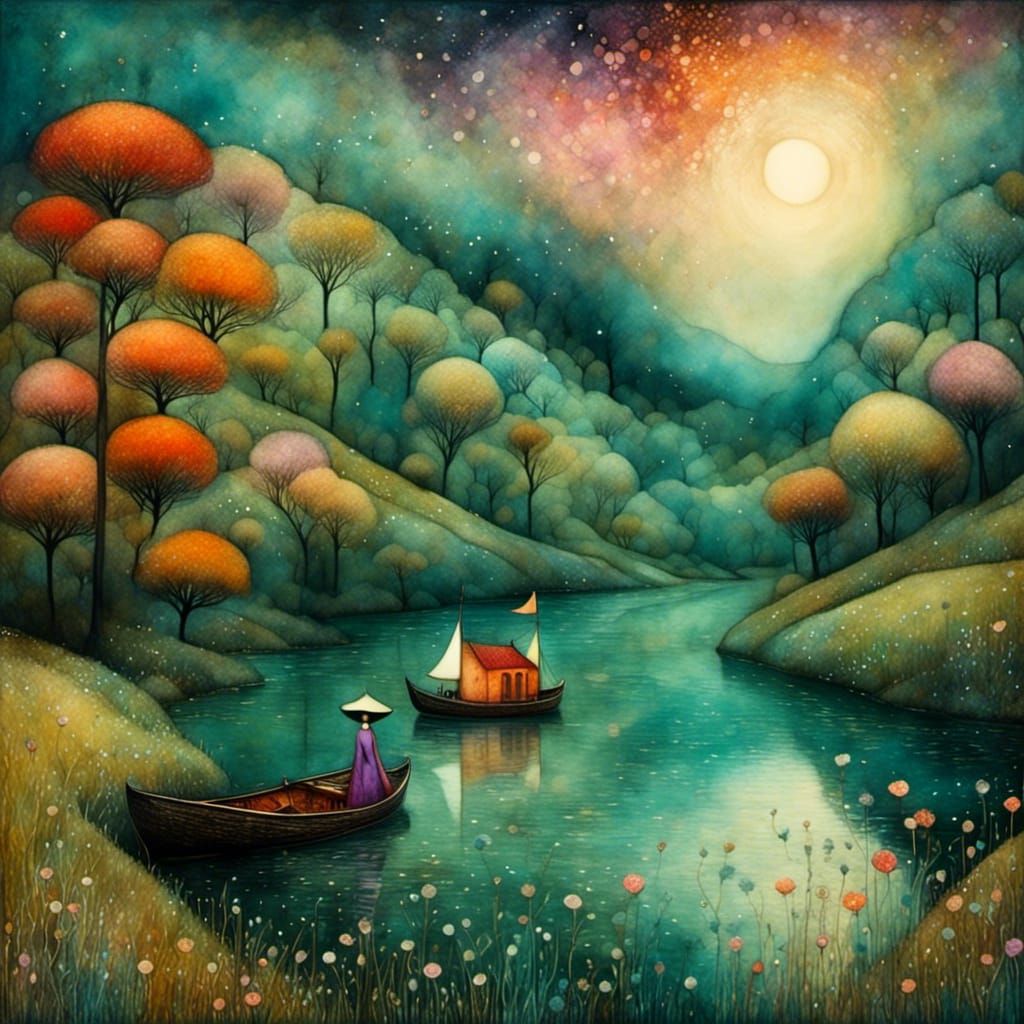 <lora:Liquid Ink:1.0> A little boat on the most beautiful river ever seen, nostalgic, peaceful, quiet, still, in art brut style by Benjamin...