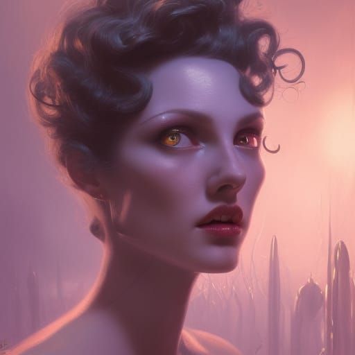 An ethereal beautiful woman up close with a sensuous curl to...