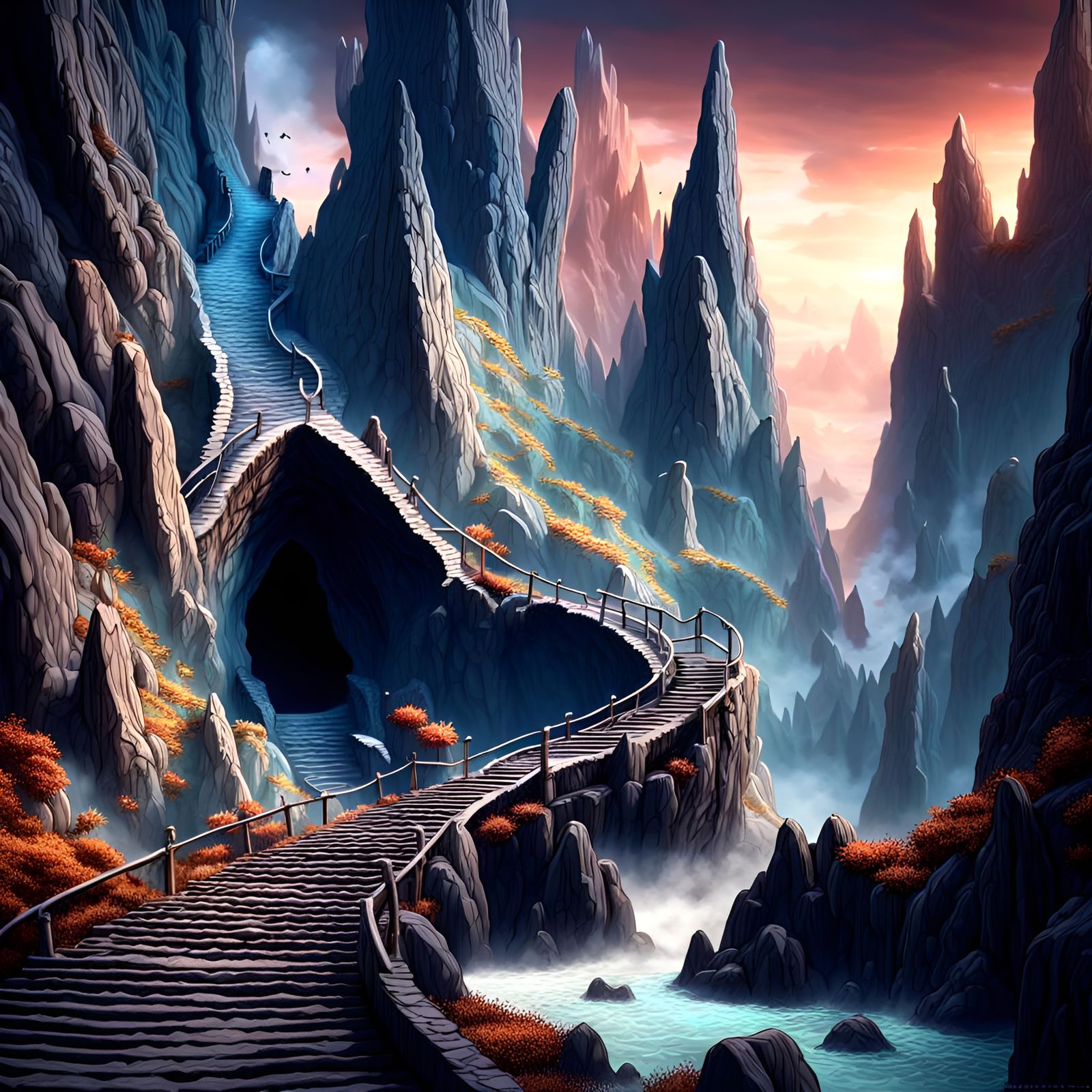 Winding stairway up jagged sharkstooth mountains to a dark m...