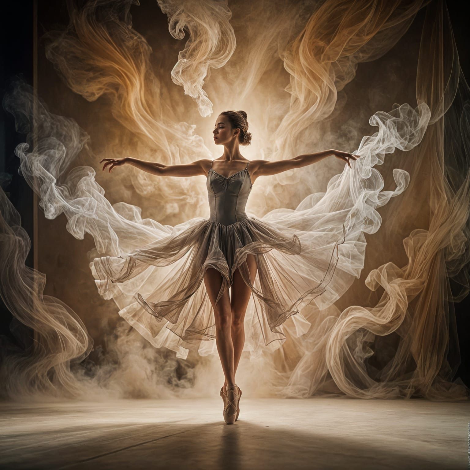 A ballerina's dress is made of wisps of smoke.  by @Art VanDelay