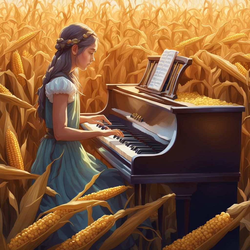 A girl playing the piano in a field of corn