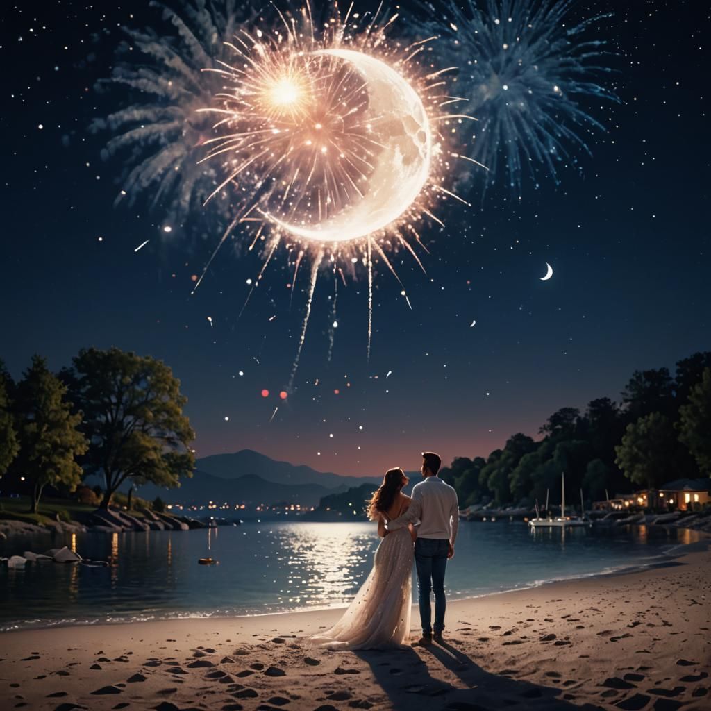 Romance under a moon and fireworks  by @lionel