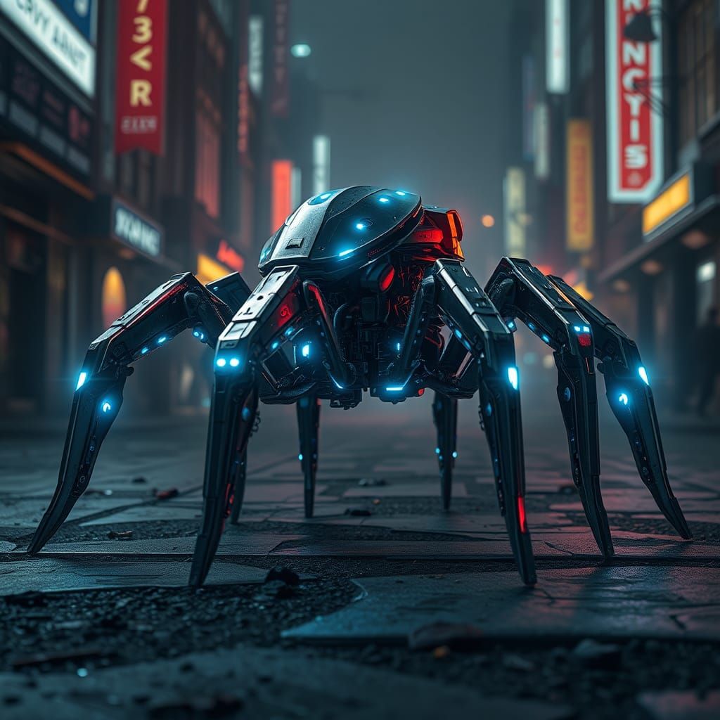 Autonomous Spider Robot in Dystopian Cityscape
