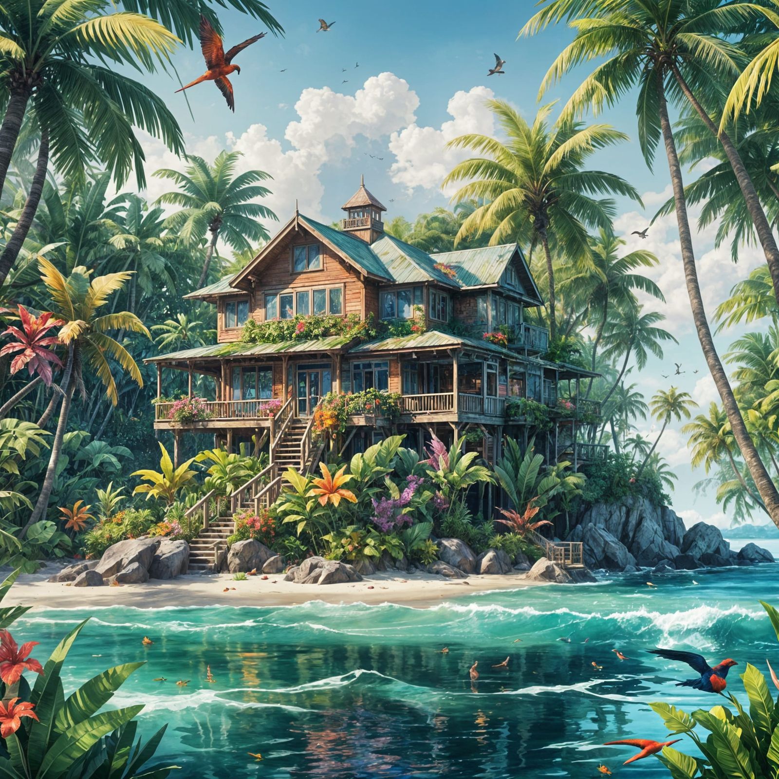 Glitch Art: Tropical Beach House Watercolor Painting