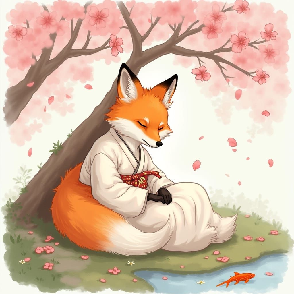 Fox in Kimono Under Sakura Tree, Watercolor Style