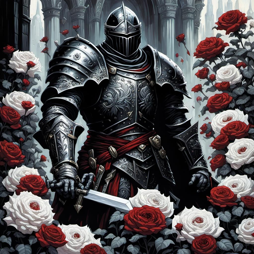 Grimdark Paladin in Rose Garden: Gothic Dark Fantasy