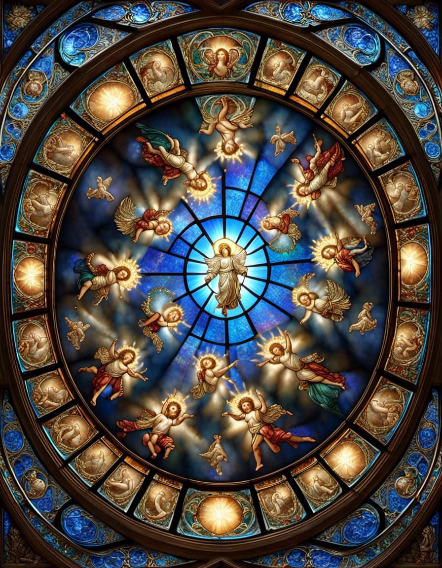 Refined Stained Glass Art :: exquisite flying male angels announce the birth of Christ :: A masterpiece ,fractal iridescence,  holographic,...
