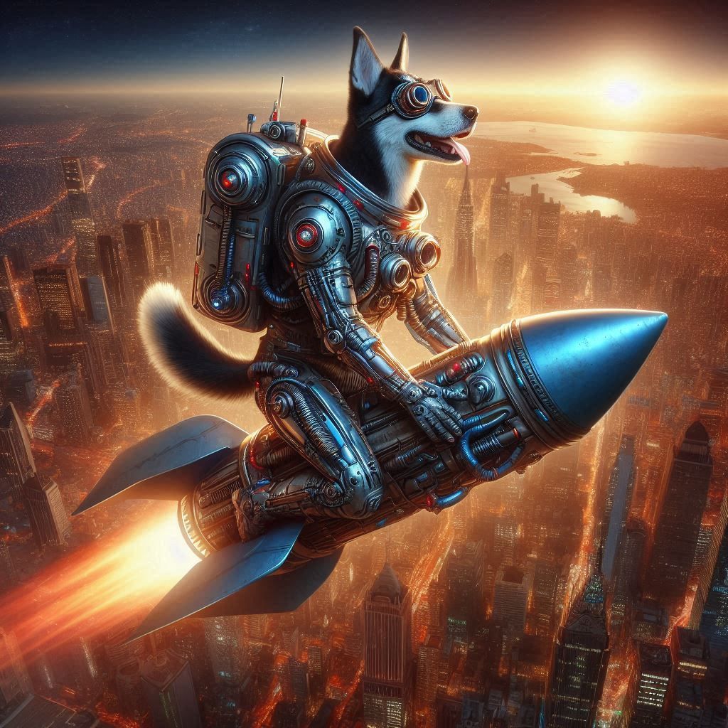 Dog flying a rocket