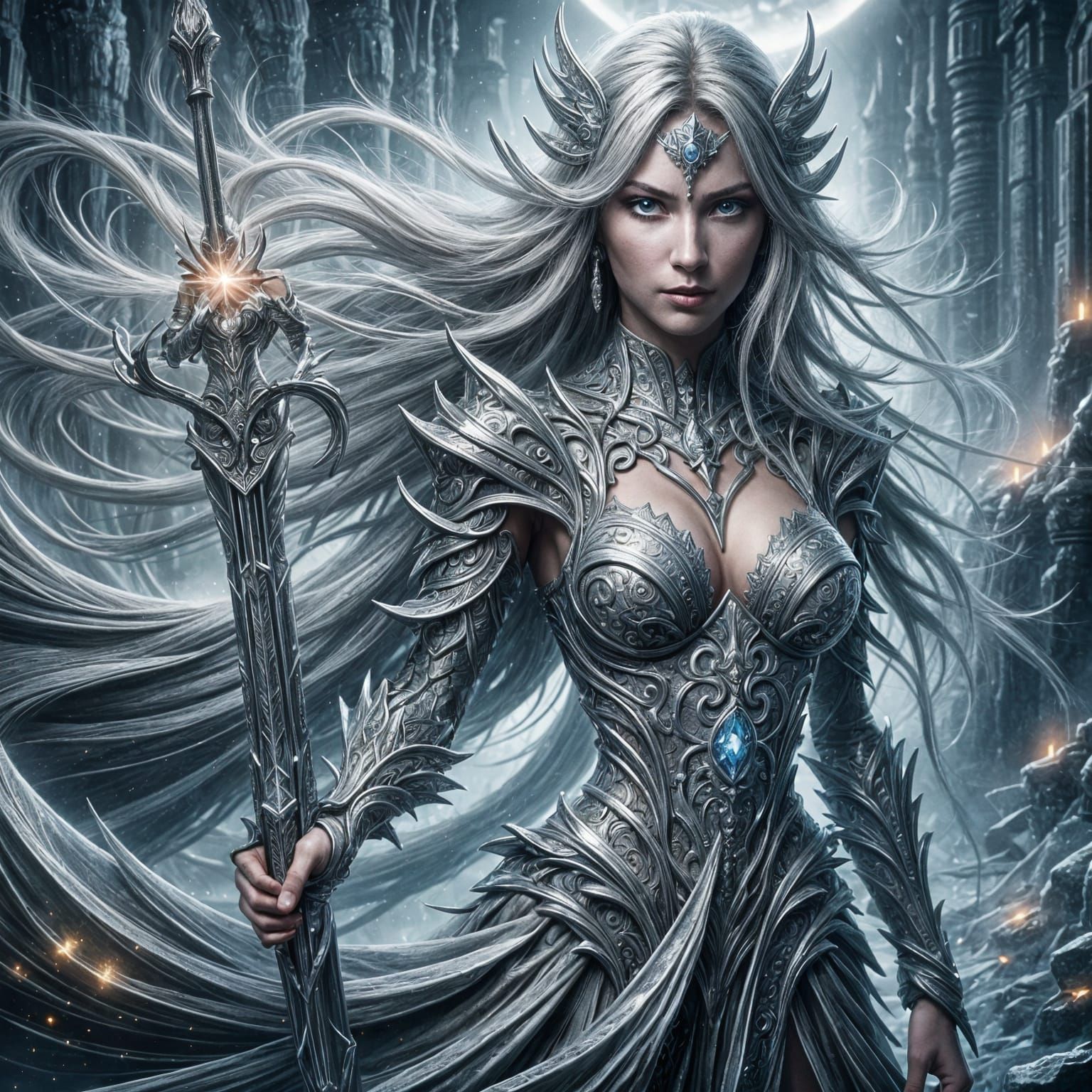 Ethereal Female Warrior in Futuristic Filigree Armor