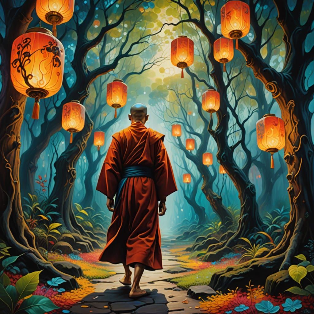Mystical Monk in Surreal Forest Oil Painting