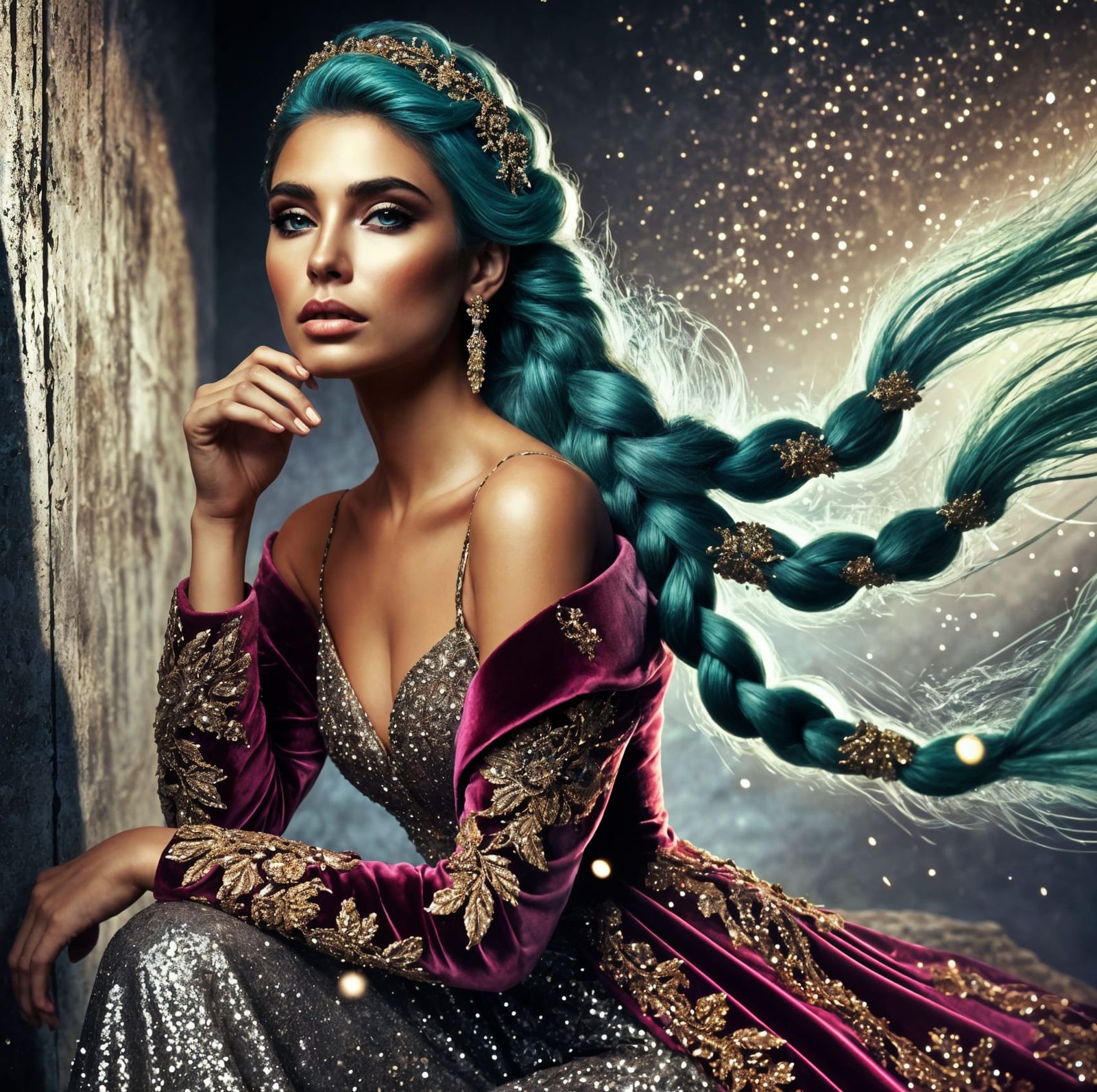 Starlit Grace: The Emerald-Braided Enchantress