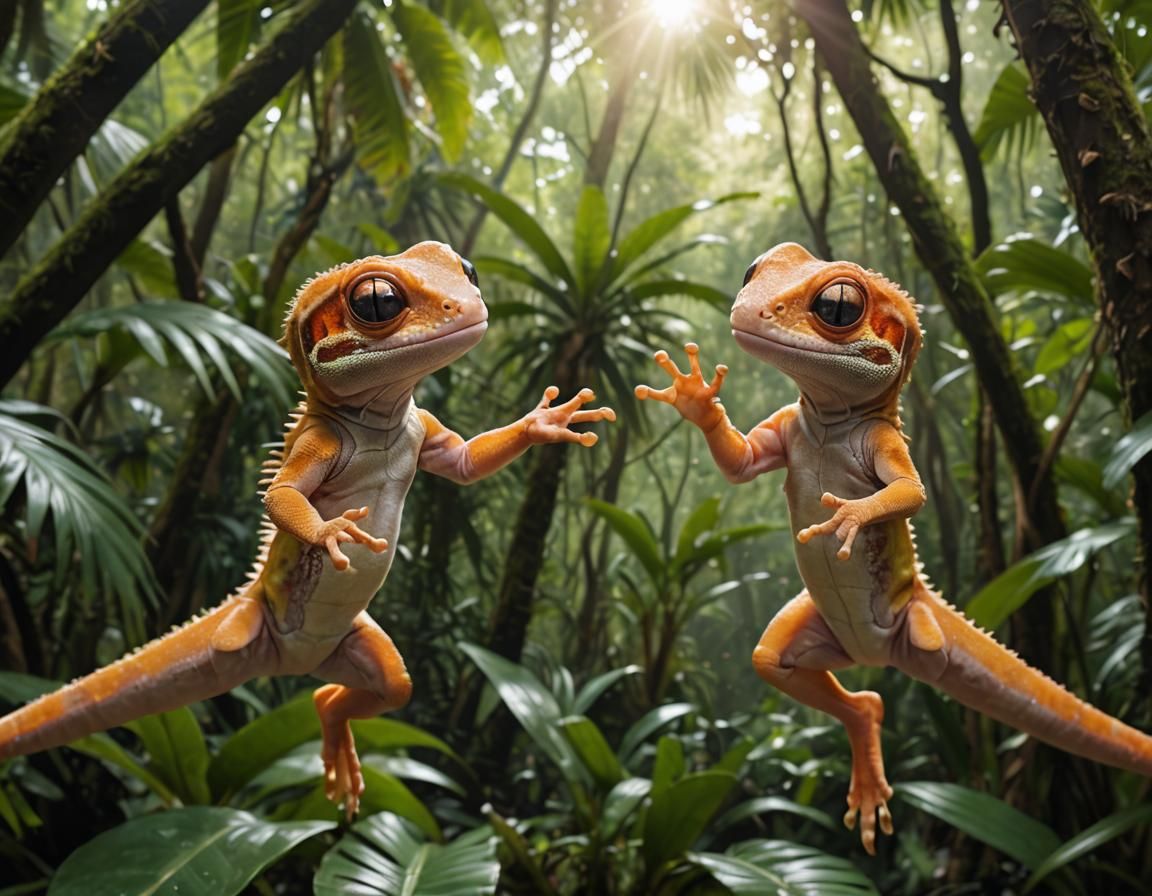 2 cute adorable alien geckos jumping in the air doing a leaping high ...