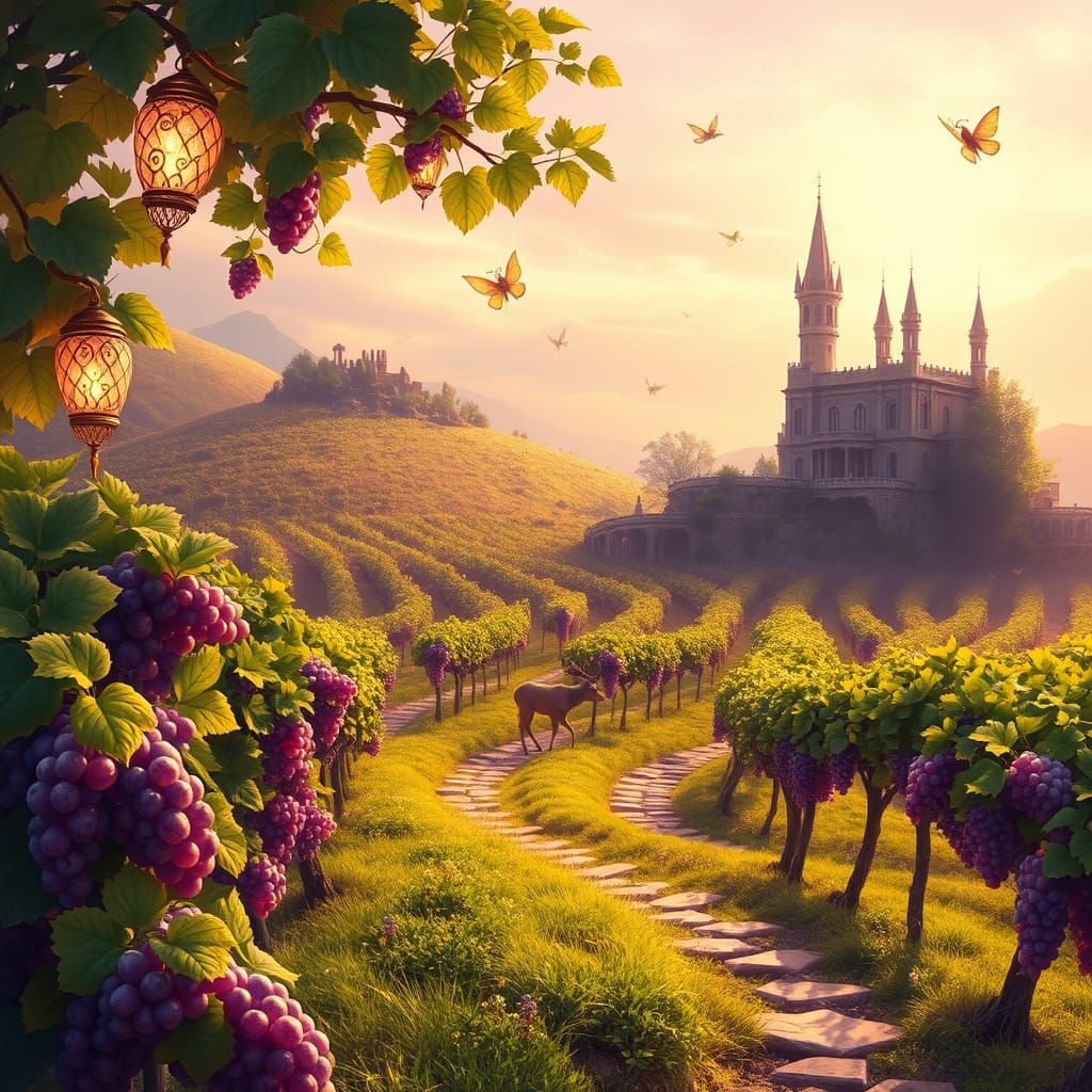 A breathtaking fantasy vineyard bathed in golden sunlight, with rows of glowing grapevines stretching ...  by @7of Mine