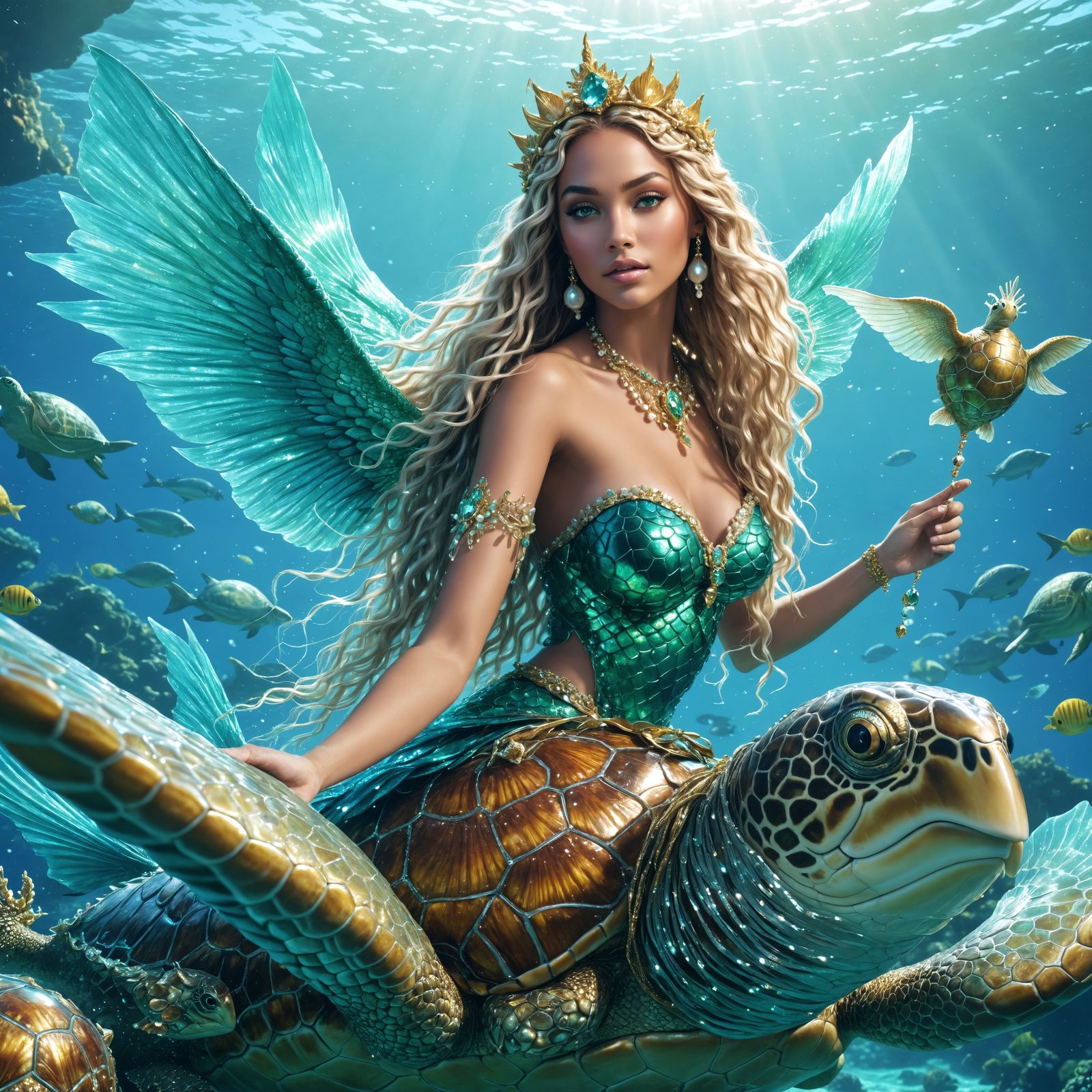 Shimmering hyper shining glowing winged mermaid princess wit...