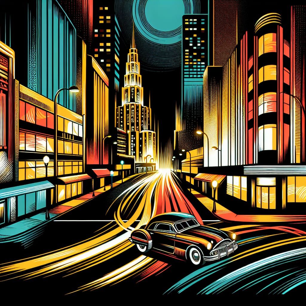 Simplify the colors to black, #2149a9, #efbf00, #ffe345, #ef040c, #ba2100. Make the car a red Cadillac mustang, expand on the dark deco styl...