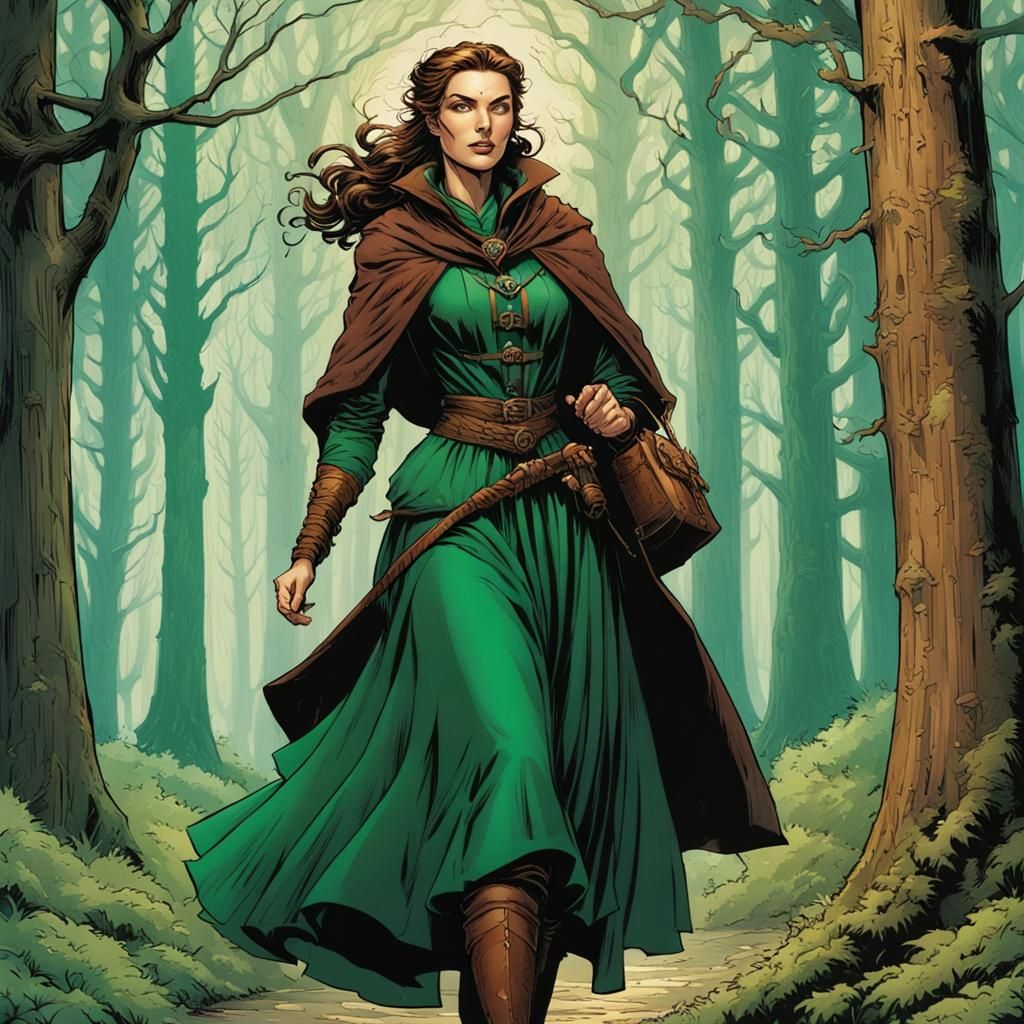 Medieval Lady traveller, elegant brown woolen outfit with sk...