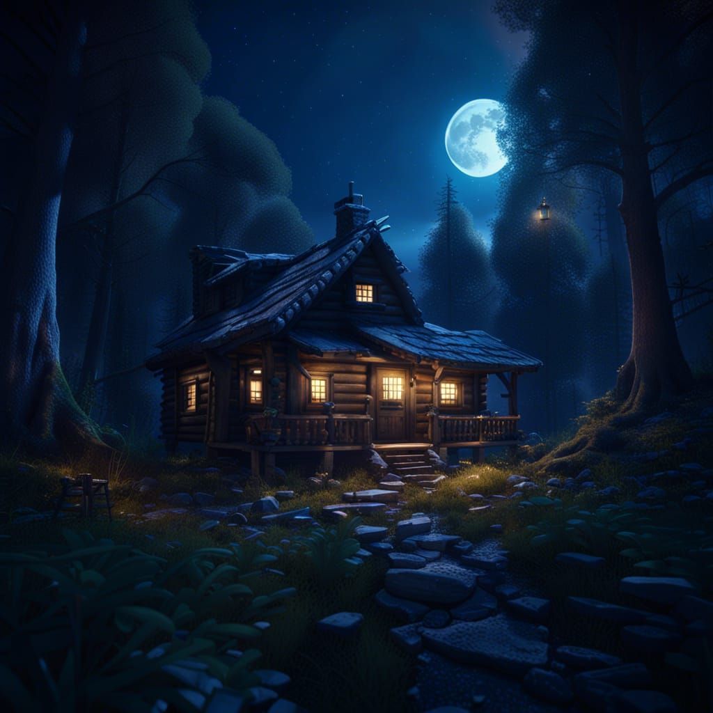 A cozy cabin in a dark evergreen forest with a dark blue sky...