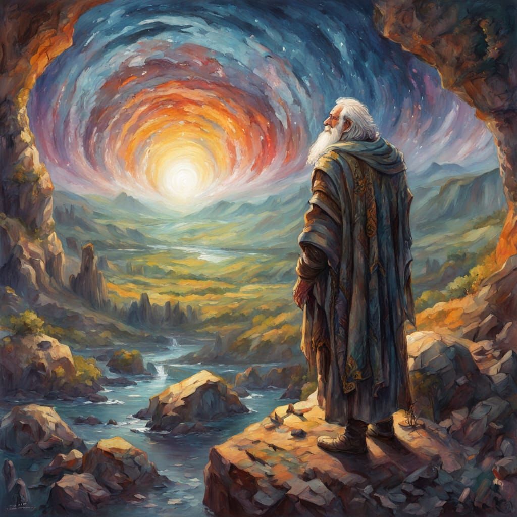 A wise old druid, adorned with glowing celestial patterns, conducts a vibrant ritual beneath a sky filled with swirling galaxies and nebulae...