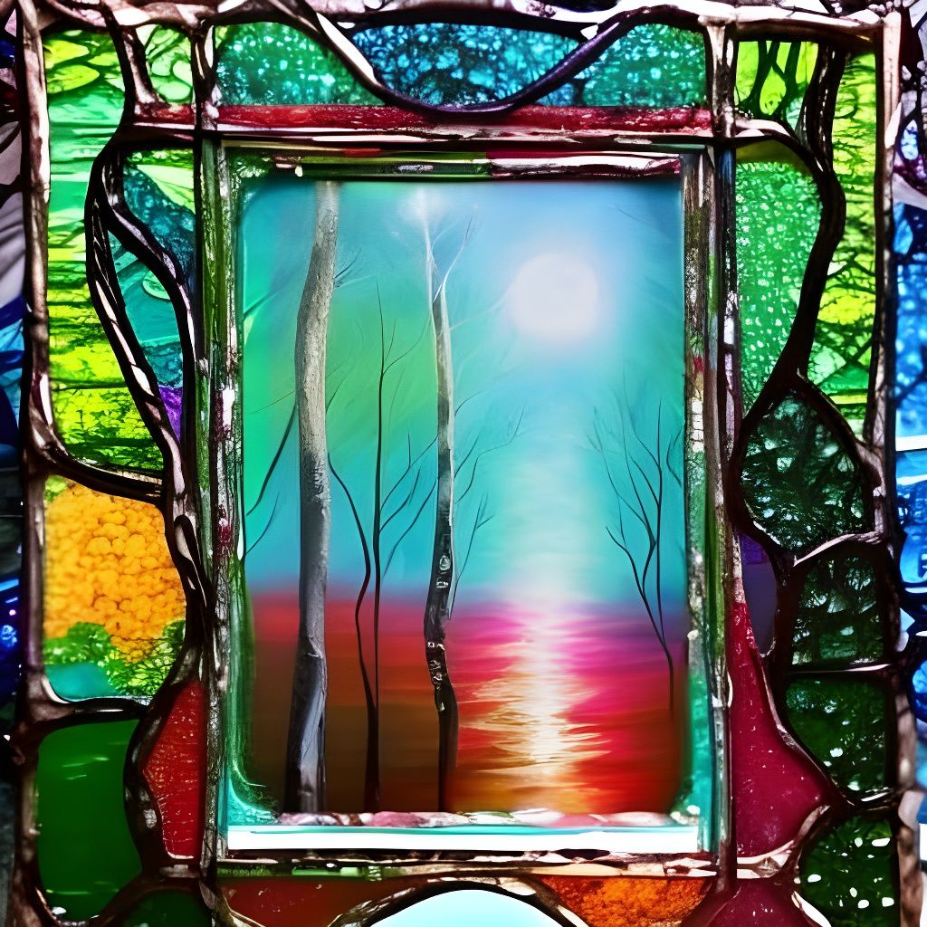 Stained glass window opening onto a forest scene AI Generated Artwork