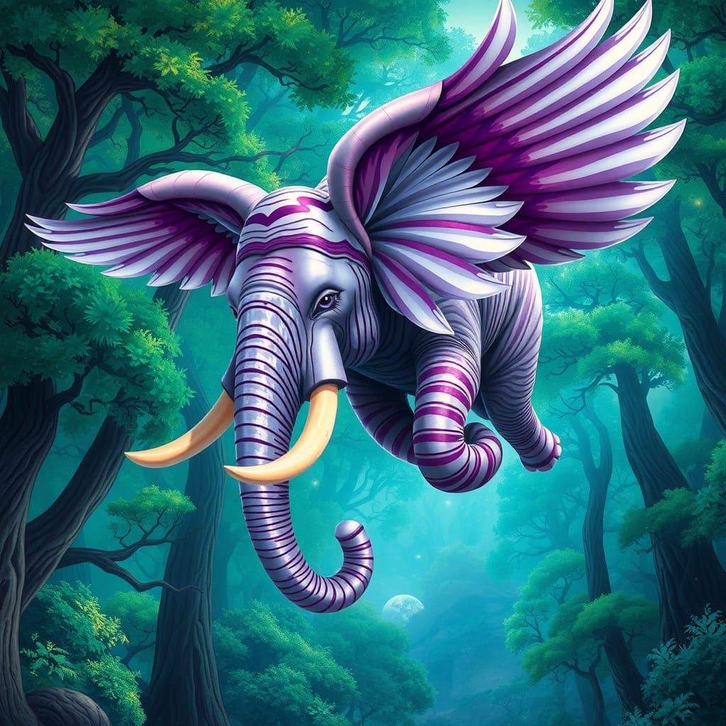 Surreal image of a winged elephant with white and purple stripes flying through the forest. Digital art