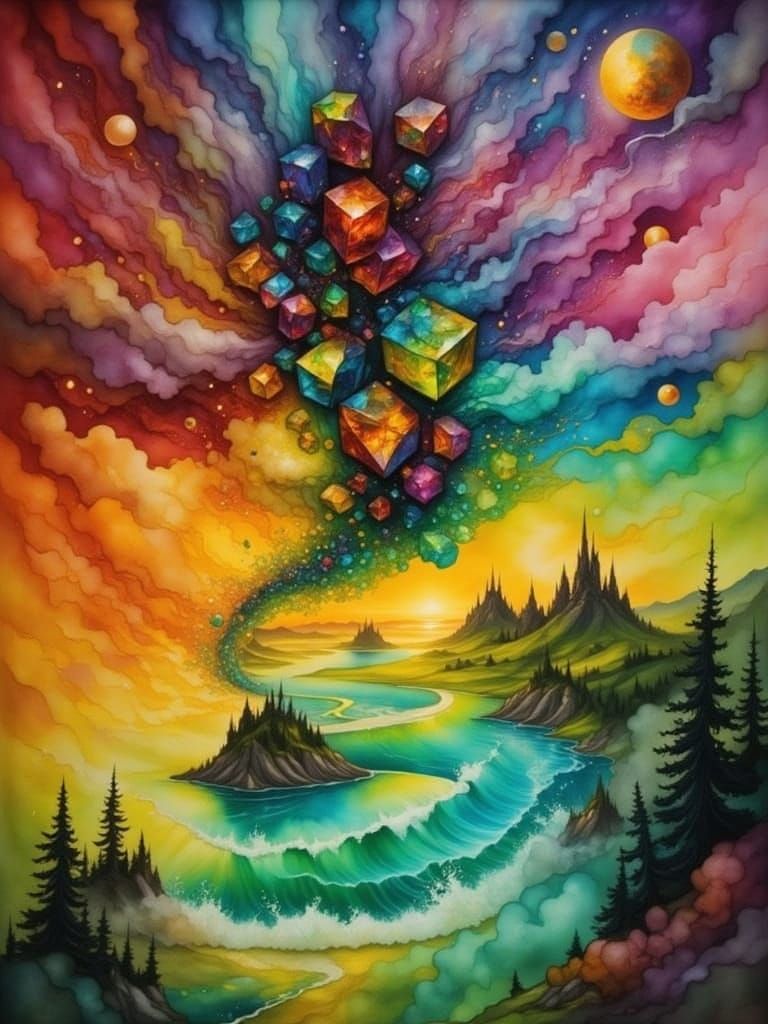 <lora:Fantasy Ink Flux:1.0> Transparent cubes carrying the colours of  their epic fantasy travels through  a Alcohol-ink surreal space toward the next colourful nebular in outer space