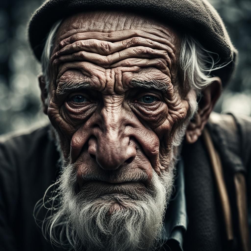 An old man and he looks a little bit weary and a tiny bit sa...