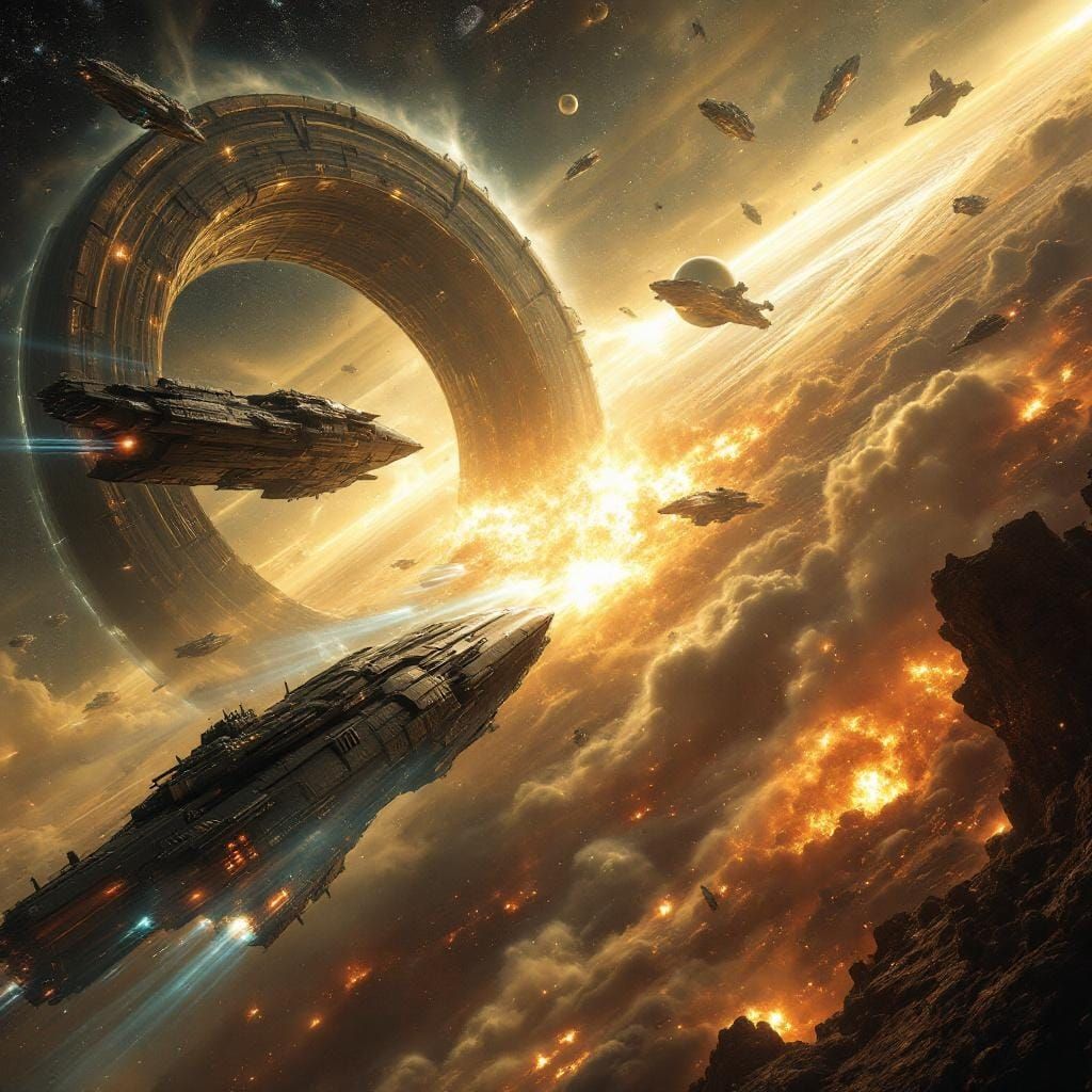 "Epic sci-fi space battle raging around a massive ancient alien gateway near Saturn’s orbit, gigantic warships unleashing blinding plasma be...