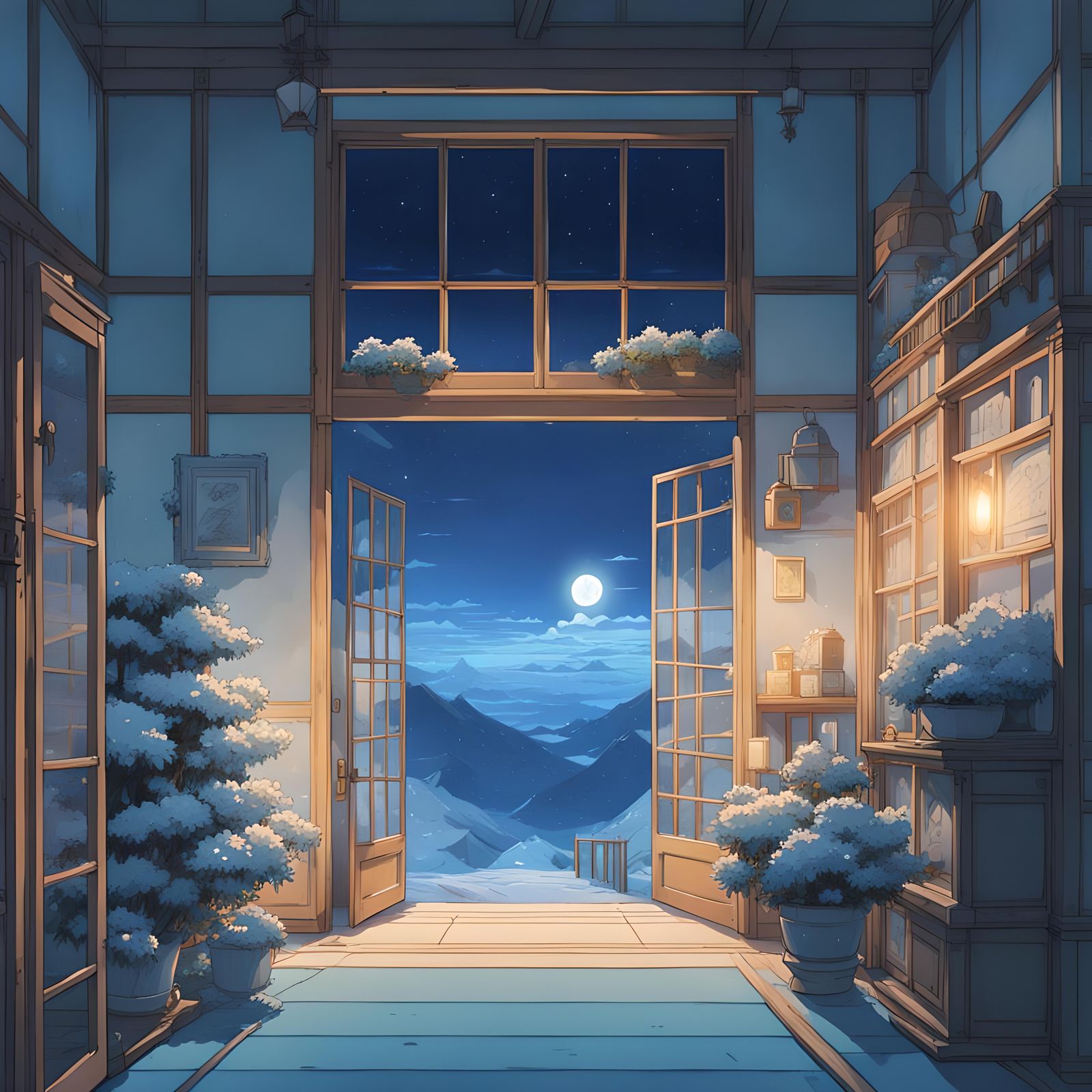 Vent de glace au fleur bleu sous la lune