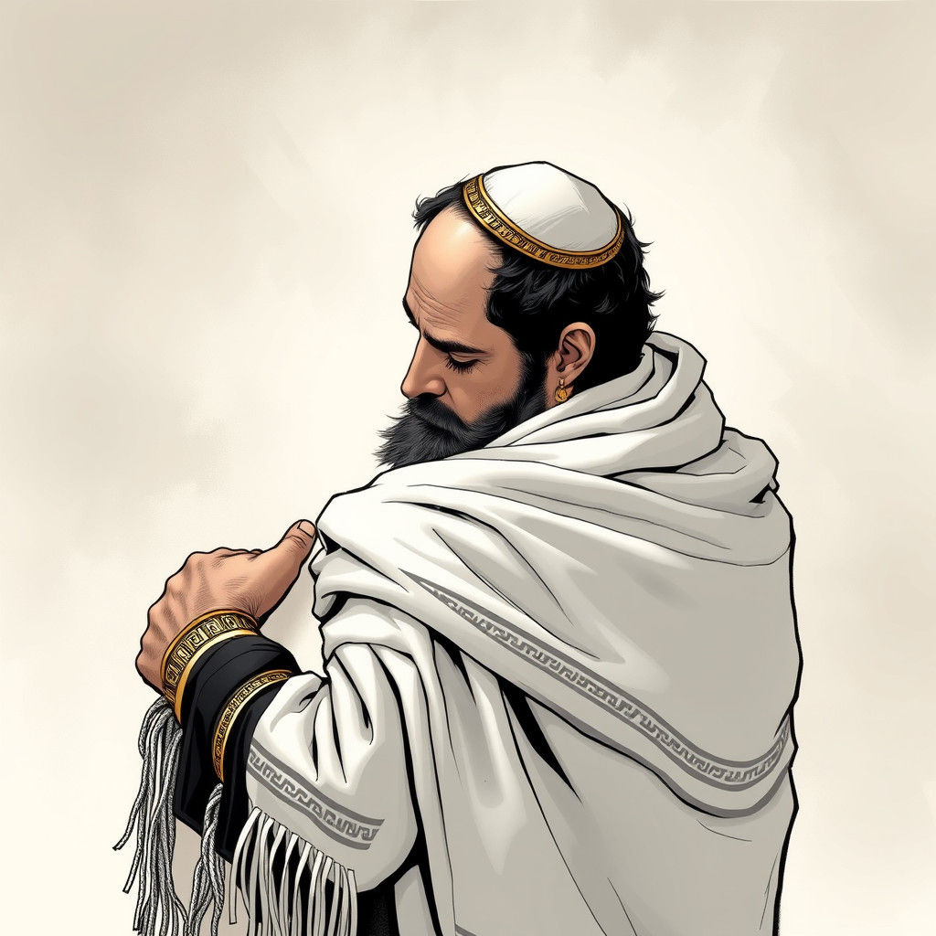 יהודי עטור בטלית ובראשו תפילין של ראש ובידו השמאלי תפילין של...