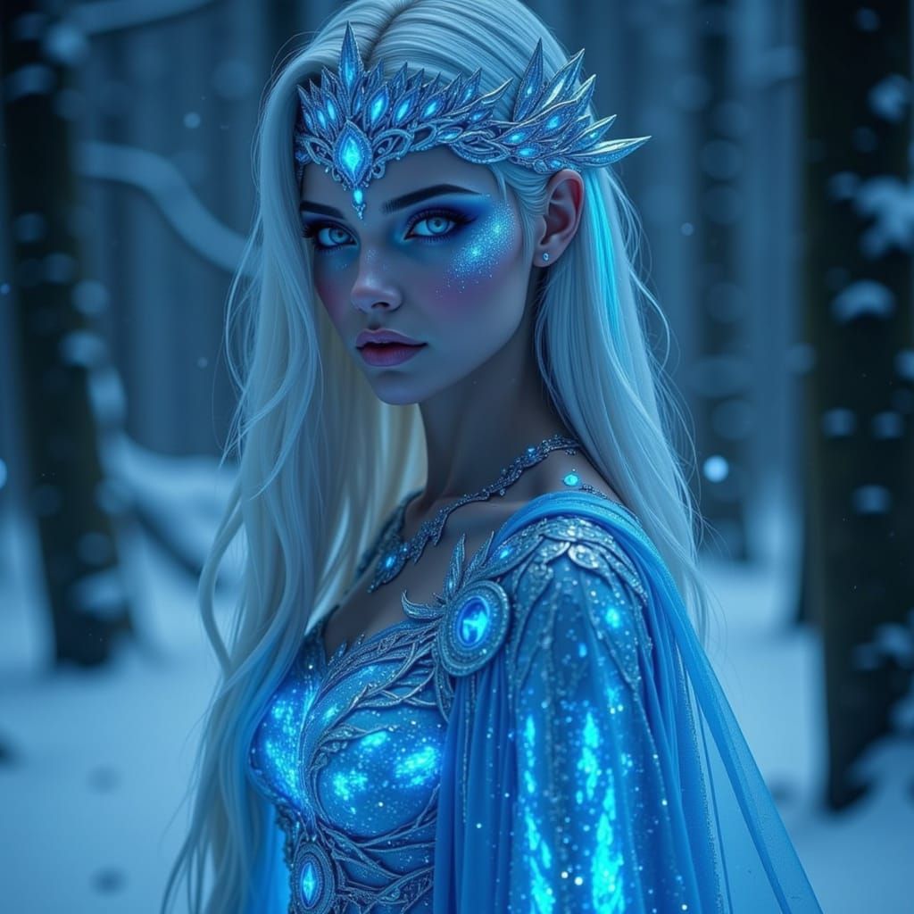 <lora:True Metallics:1.0> n icy maiden stands tall, her piercing blue eyes glowing like stars in the darkness. Runes that glow cover her ski...