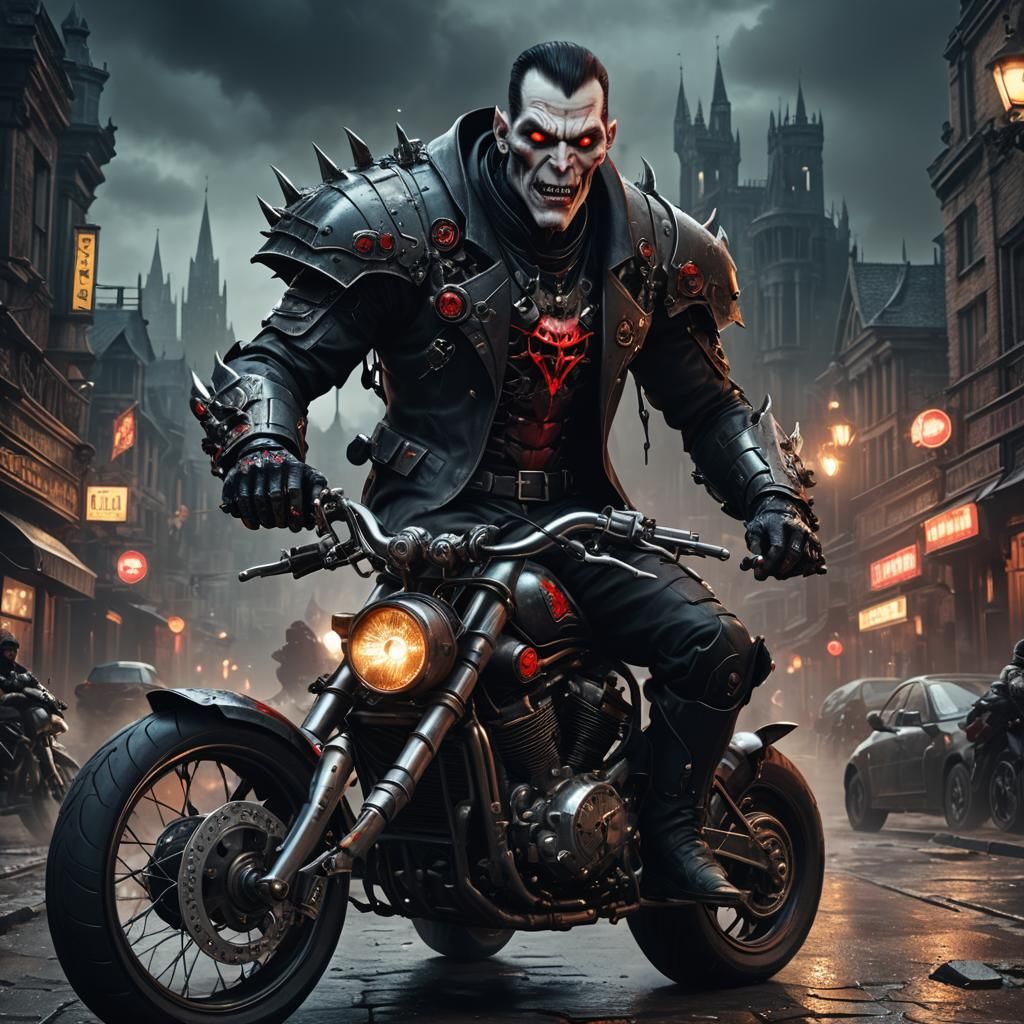A portrait cyborg Dracula was riding chooper motorcycle at o...
