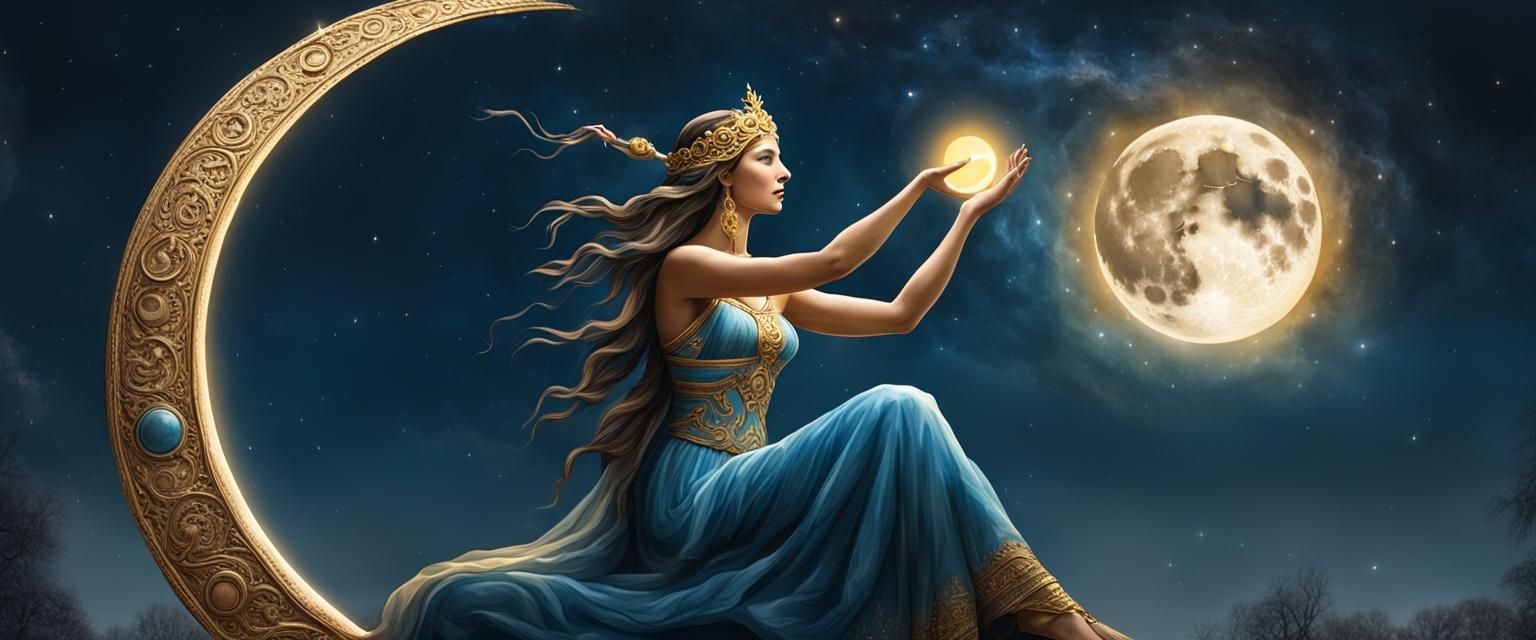 a moon goddess sitting on a crest moon holds a hand reaching...