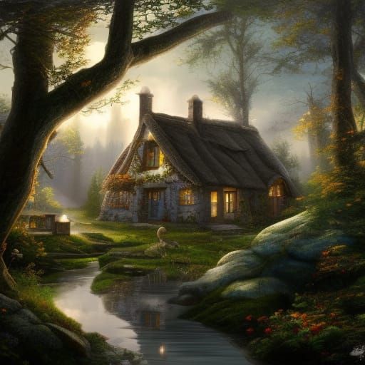 a cottage in the woods detailed matte painting, deep color, fantastical, intricate detail, splash screen, ...  by @Patsy 