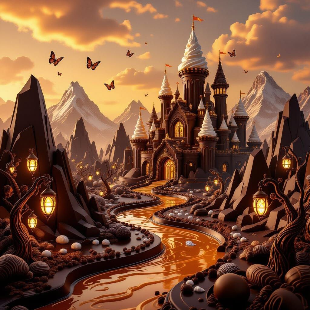 A surreal, dreamlike chocolate kingdom under a caramel-hued sky — towering mountains made of dark chocolate ...  by @Aine Boden
