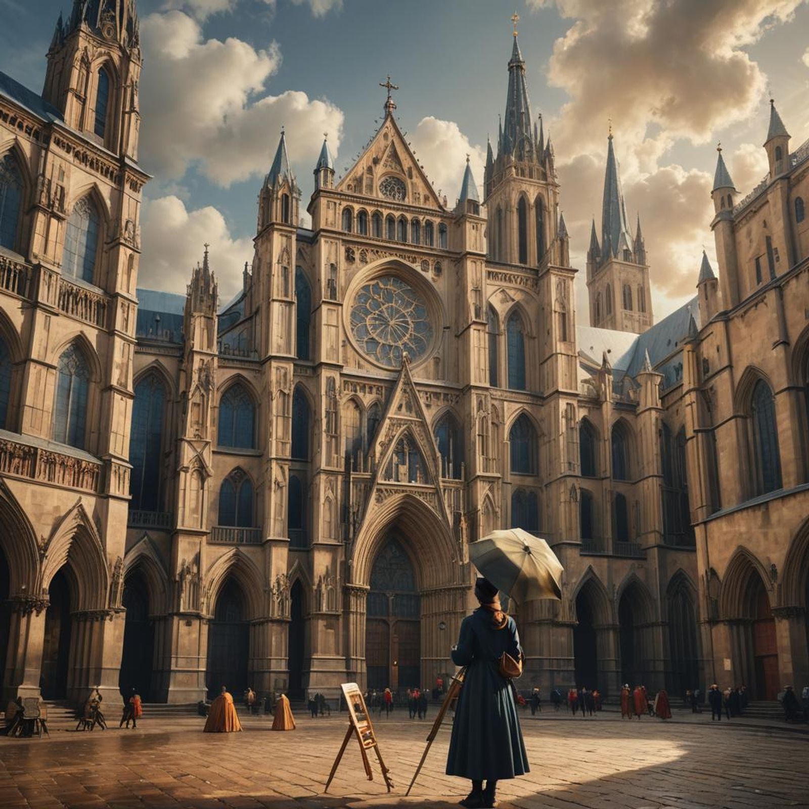 Female painter in large cathedral on canvas