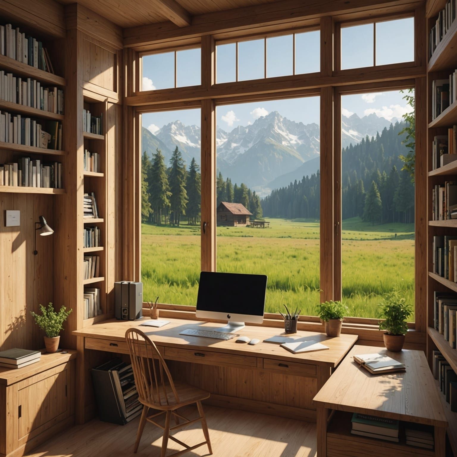 a wooden room where a study table is situated near the windo...