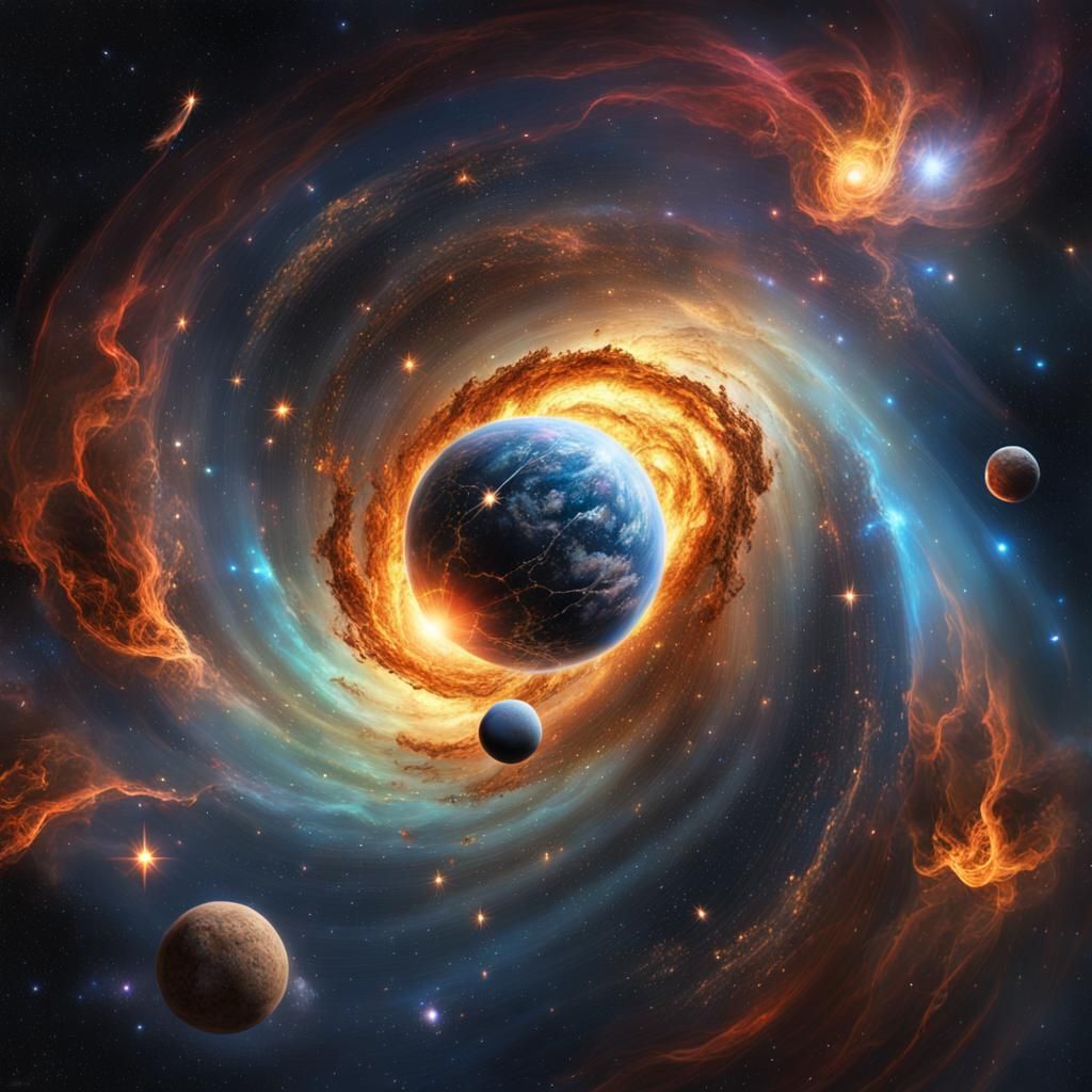 (galactic spiral nebula with meteorites and planets, flashes...