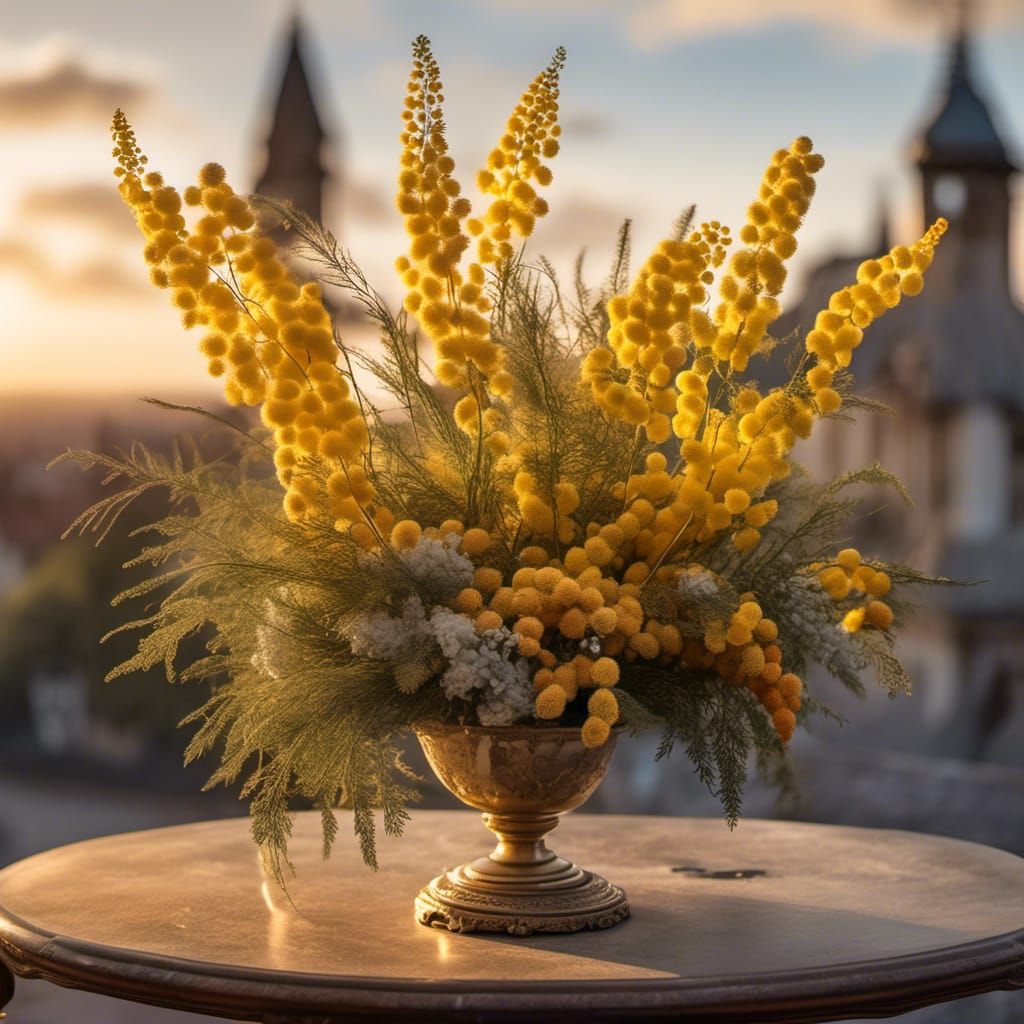 a very huge bouquet of fresh mimosa flowers blown in all dir...