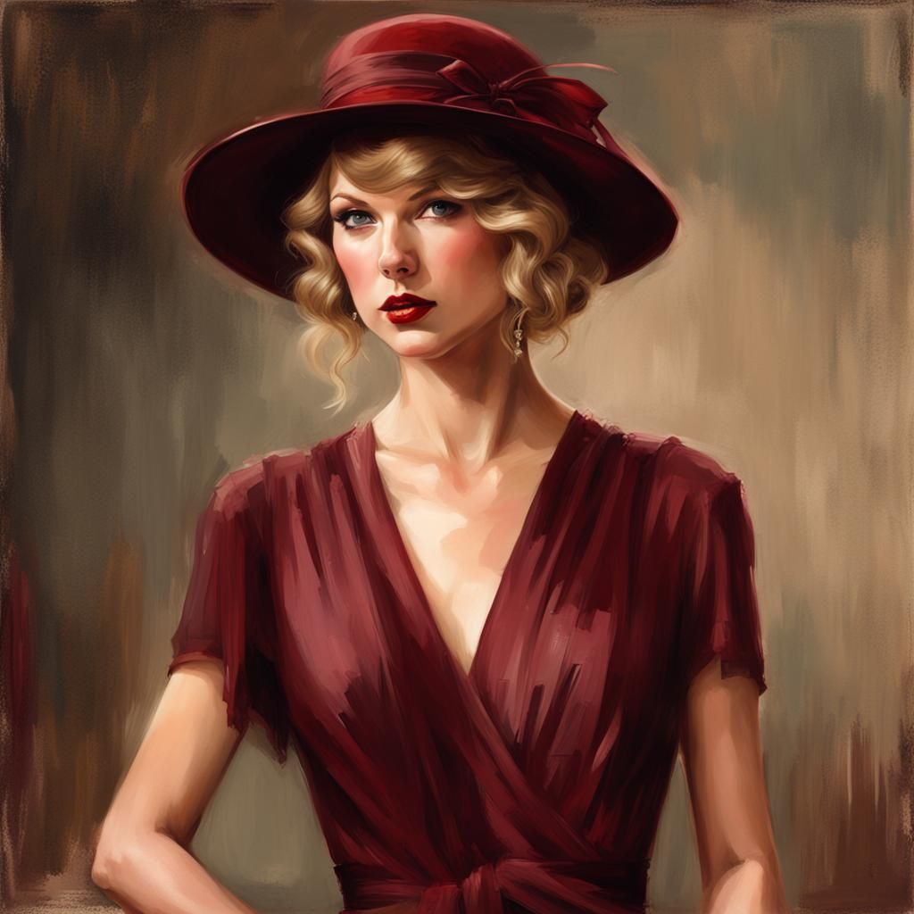 Taylor Swift 1920s modest burgundy dress and hat head and shoulders ...