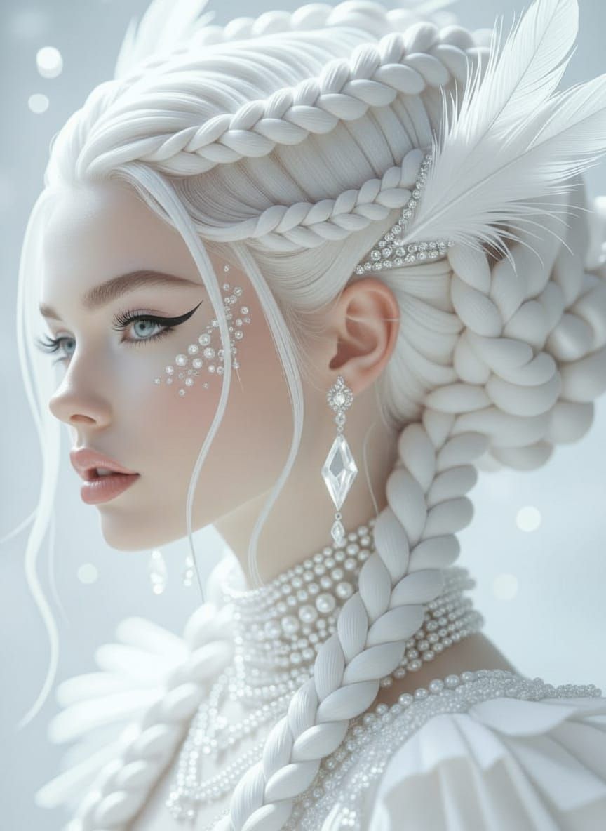 A breathtaking portrait of a futuristic hair model, her hair entirely shades of white  by @EHACKMANN 