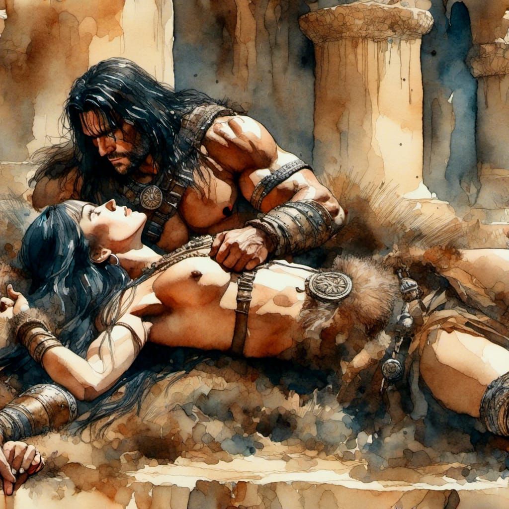 <lora:Barbarian Hero Style:1.0> the watercolor painting of an  Conan the Barbarian lying with woman,  in the style of detailed hyperrealism...