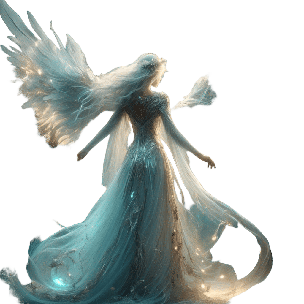 <lora:Surreal Filigrance:1.0> Convergence beautiful angel walking toward the light through a silver scroll open gate set to Tiffany blue bac...